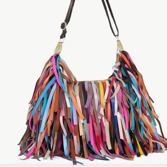 Beautiful leather multicolor fringe zip top shoulder/crosby - Picture 7 of 16